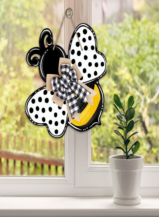 Deroro Bumble Bee Spring Summer Front Door Sign, Polka Dot Farmhouse Wood Door Hanger Outdoor Outside Porch Decor, Wooden Wreath with Buffalo Plaid Check Bow Indoor Wall Hanging Decoration - Image 5